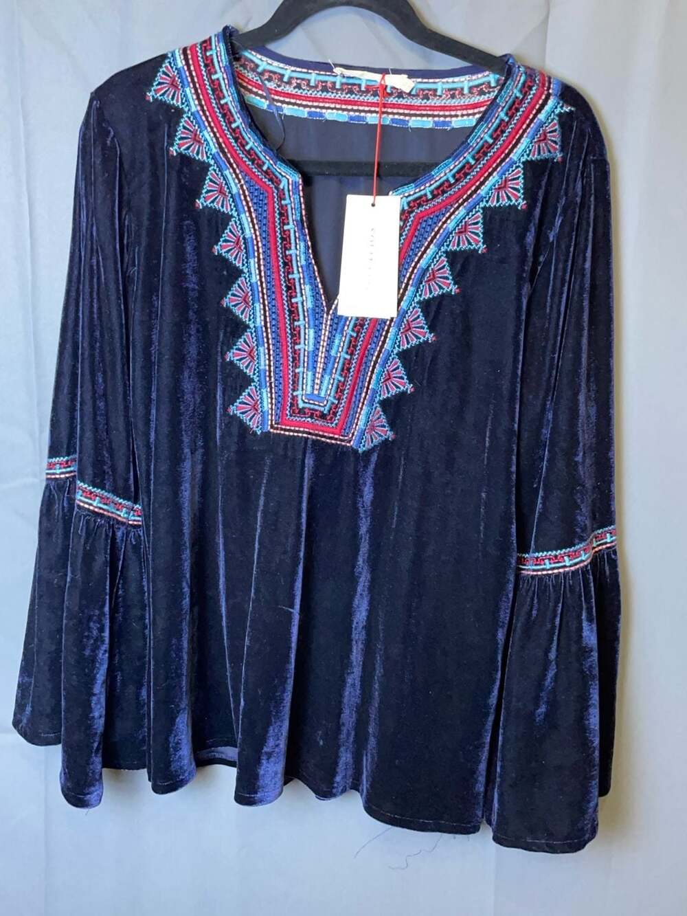 XL Solitaire Navy Blue Velvet Embroidered Bell Sleeve Tunic Top
